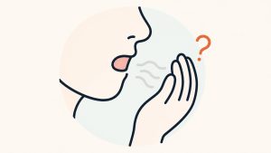 口元に手をかざして自分の息を確かめるイラスト（口臭のセルフチェック）