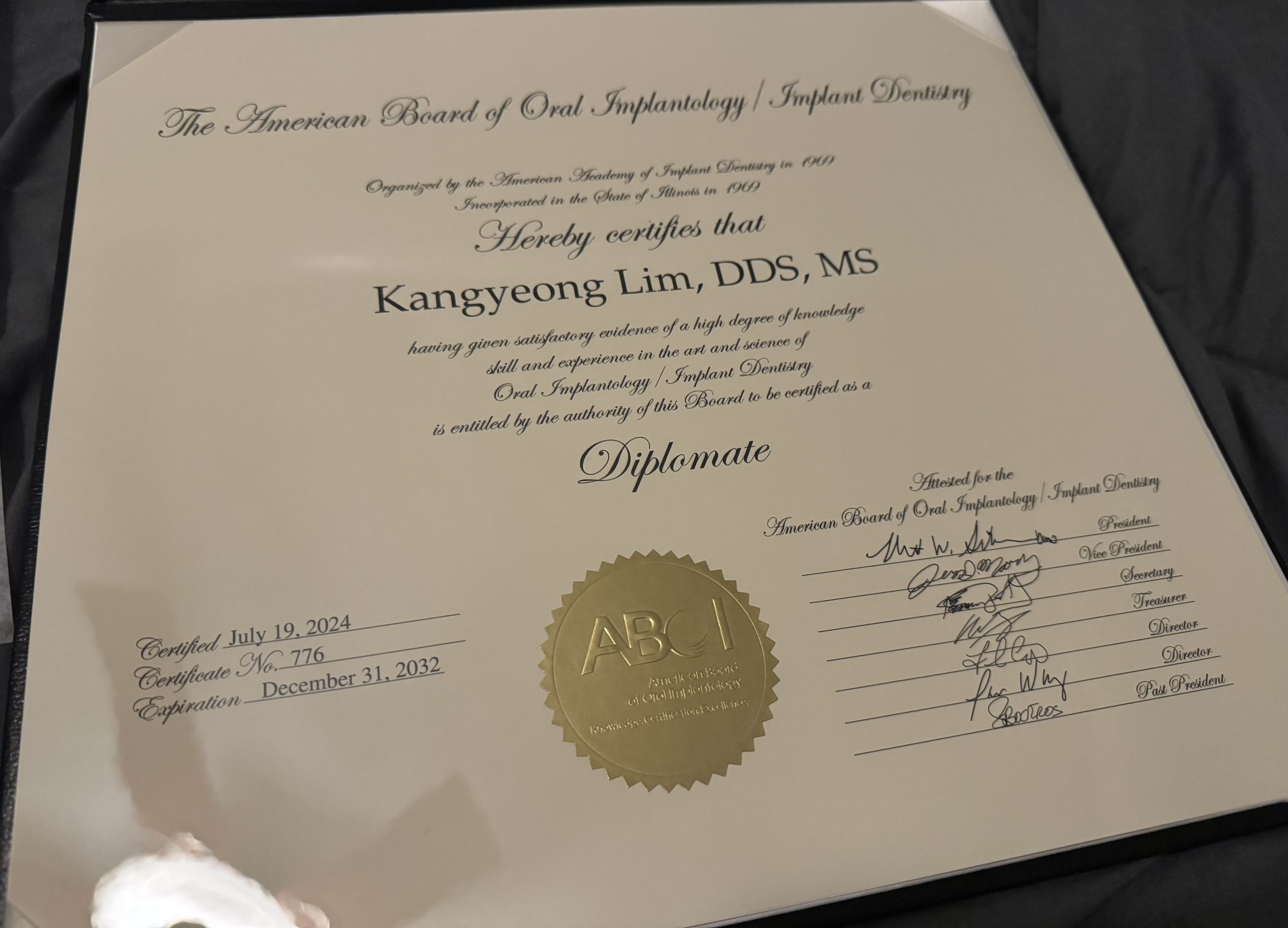 ABOI/ID Diplomate 認定証