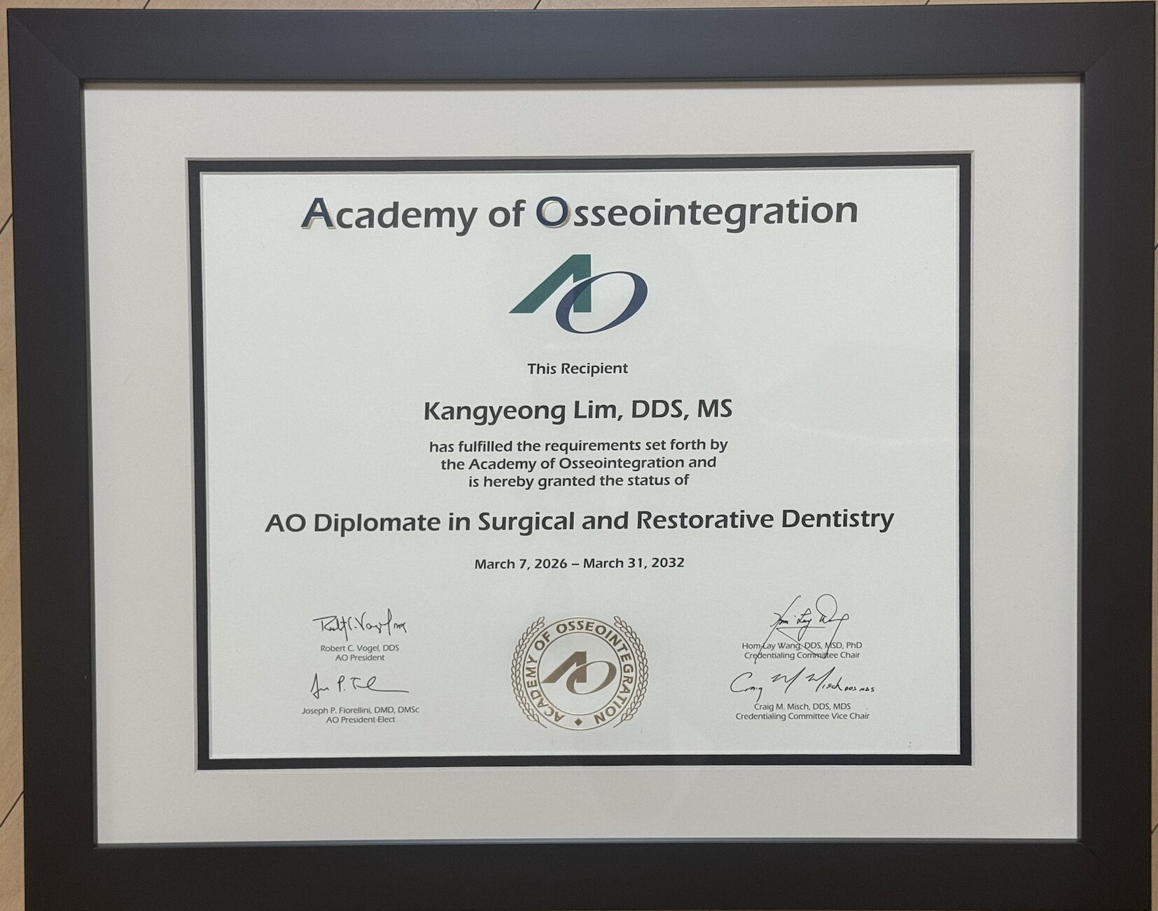 Academy of Osseointegration Diplomate 認定証