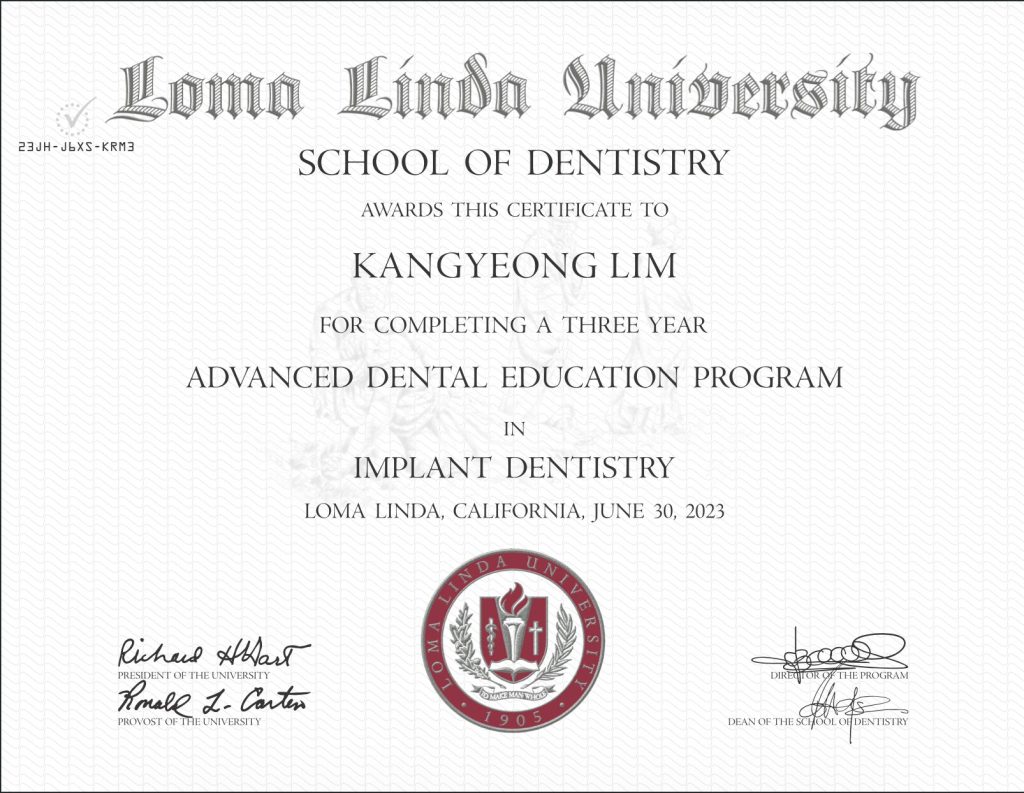Loma Linda University インプラント歯学レジデンシー修了証