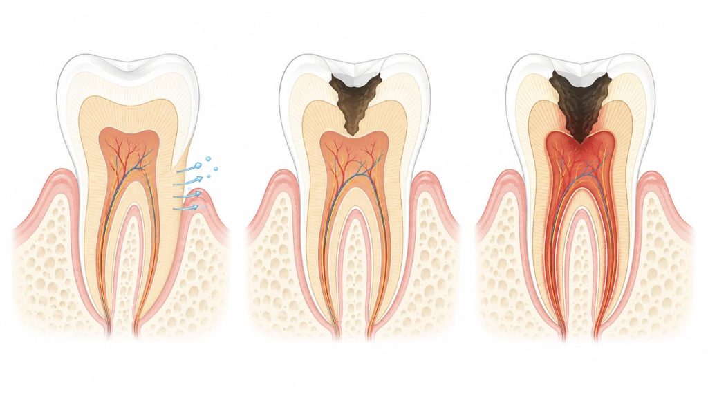 知覚過敏・むし歯・歯髄炎の3つの状態を比較した歯の断面イラスト。