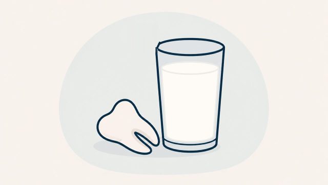 抜けた歯と保存用の牛乳のグラスのイラスト
