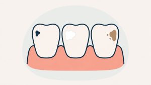 黒い点・白斑・茶色の着色がそれぞれ現れた3本の歯のイラスト（歯の変色）