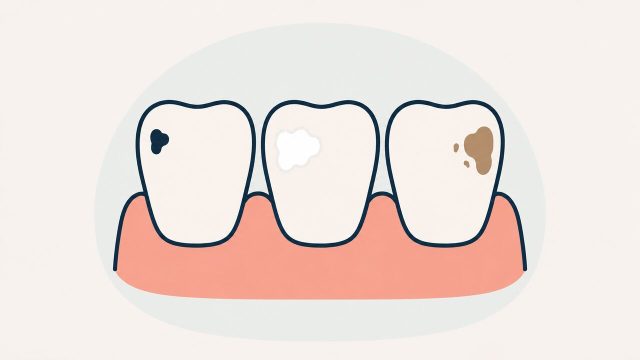 黒い点・白斑・茶色の着色がそれぞれ現れた3本の歯のイラスト（歯の変色）