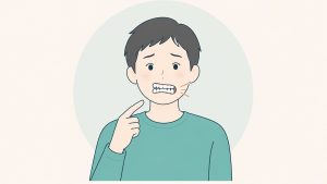 口をイーとしてかみ合わせのずれを確かめる男性のイラスト