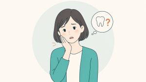 歯の悩みを抱え、頬に手を当てて考える女性のイラスト