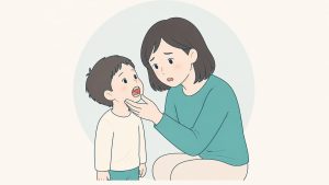 子どもの歯を心配そうにのぞき込む母親のイラスト