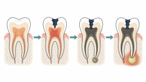 フェニックス膿瘍で歯ぐきが腫れ、痛みが強まる進行の様子を示したイラスト