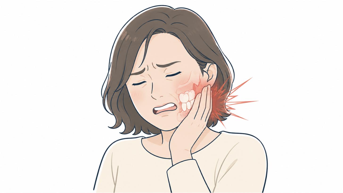 急に強い歯の痛みで頬に手を当ててつらそうにしている人のイラスト