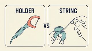 ホルダー型フロス（フロスピック）と糸巻き型フロスの比較イラスト。左はY字型の持ち手つきフロス、右はケースから糸を引き出して指に巻く様子で、HOLDERとSTRINGのラベルつき