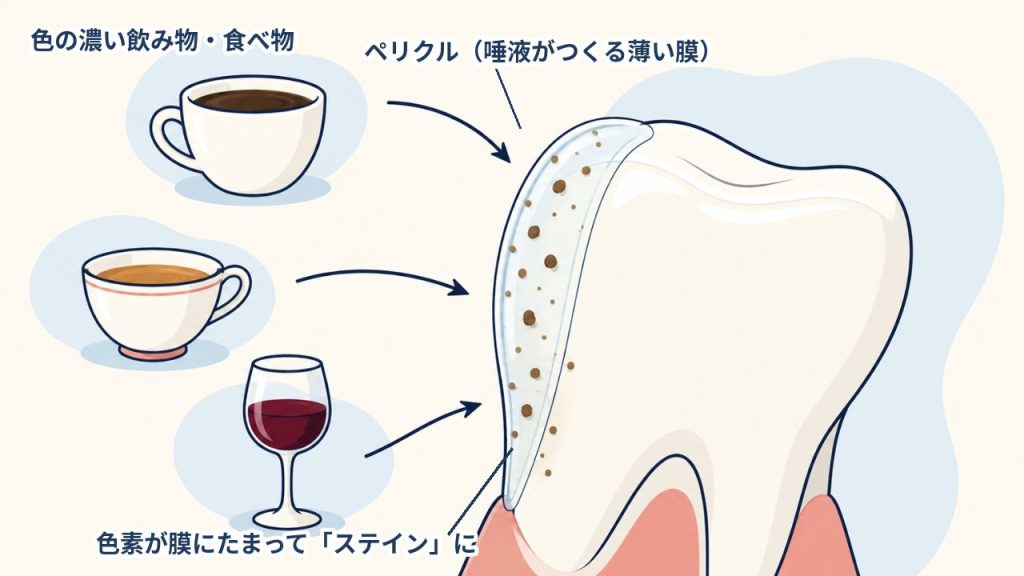 歯の表面のペリクル(唾液がつくる薄い膜)にコーヒーや紅茶・赤ワインの色素が沈着して外因性の着色(ステイン)が起こる仕組みの図解