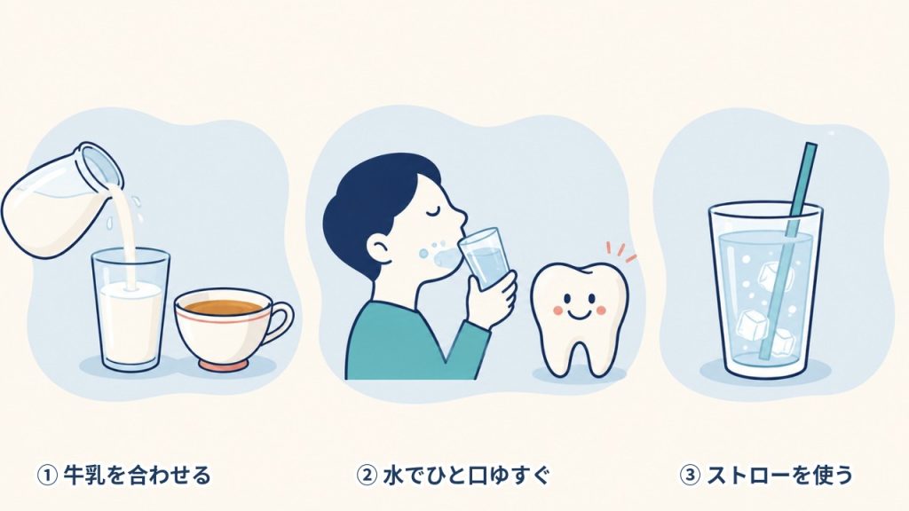 歯の着色を防ぐ3つの習慣(牛乳を合わせる・水でひと口ゆすぐ・ストローを使う)の図解