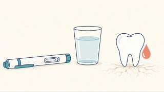 GLP-1の注射ペンと水のコップ、そして乾いた地面の上に立つ歯を描いた、口腔乾燥と歯への影響をあらわすフラットなイラスト