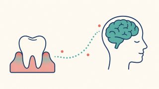 歯ぐきから小さな点が頭・脳へとつながっていく様子を表すフラットイラスト