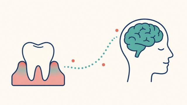 歯ぐきから小さな点が頭・脳へとつながっていく様子を表すフラットイラスト
