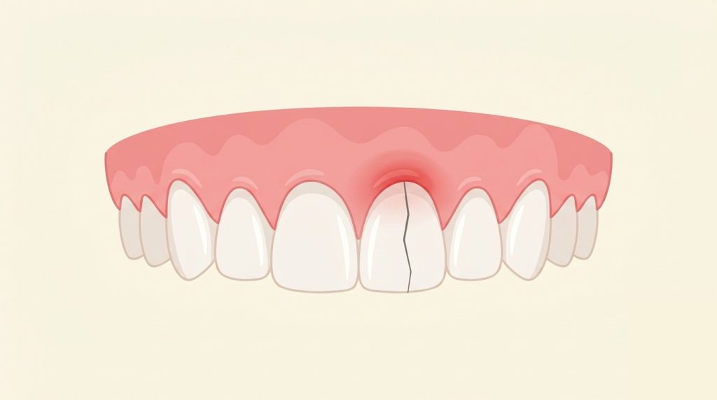 前歯に縦のひび割れ（歯根破折）があり歯ぐきが腫れているイラスト