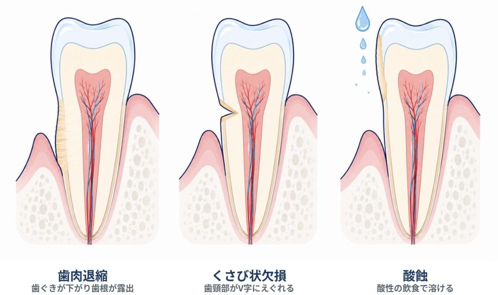 歯肉退縮・強い歯みがきによる摩耗・酸蝕で象牙質が露出する3つの原因の図解