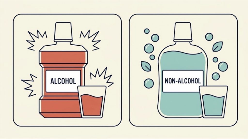 洗口液の2タイプの比較イラスト。左はALCOHOLラベルの角ばったボトルとコーラル色の液体に刺激マーク、右はNON-ALCOHOLラベルの丸みのあるボトルとティール色の液体に泡と葉のモチーフ