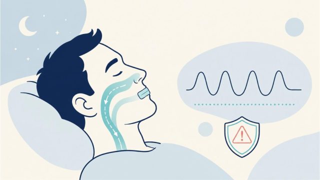 鼻の気道とテープでとめた口、睡眠の波形と注意アイコンを描いた専門家向けアイキャッチ（マウステーピング・エビデンス編）
