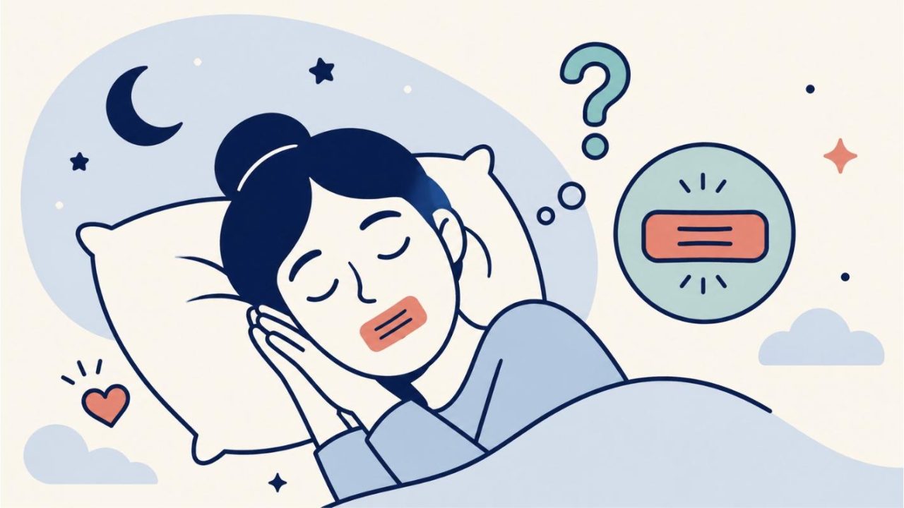 夜、口に小さなテープを貼って眠る顔とはてなマークのイラスト（マウステーピングの記事アイキャッチ）