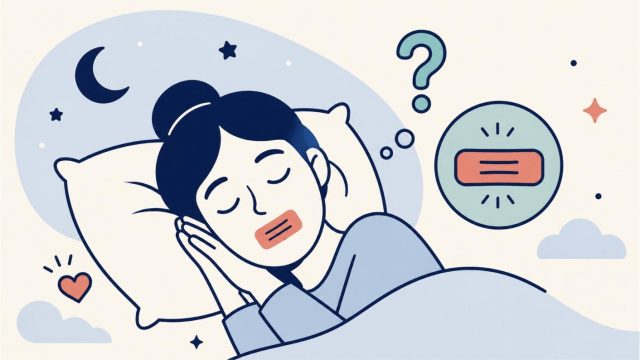 夜、口に小さなテープを貼って眠る顔とはてなマークのイラスト（マウステーピングの記事アイキャッチ）