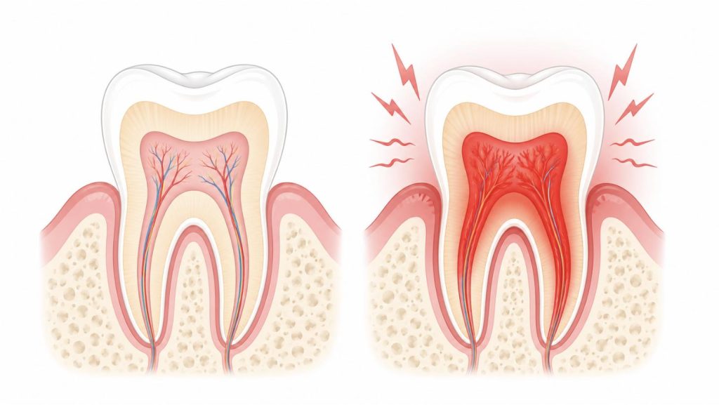健康な歯と、歯髄が赤く炎症した歯（歯髄炎）の断面を並べて比較したイラスト。