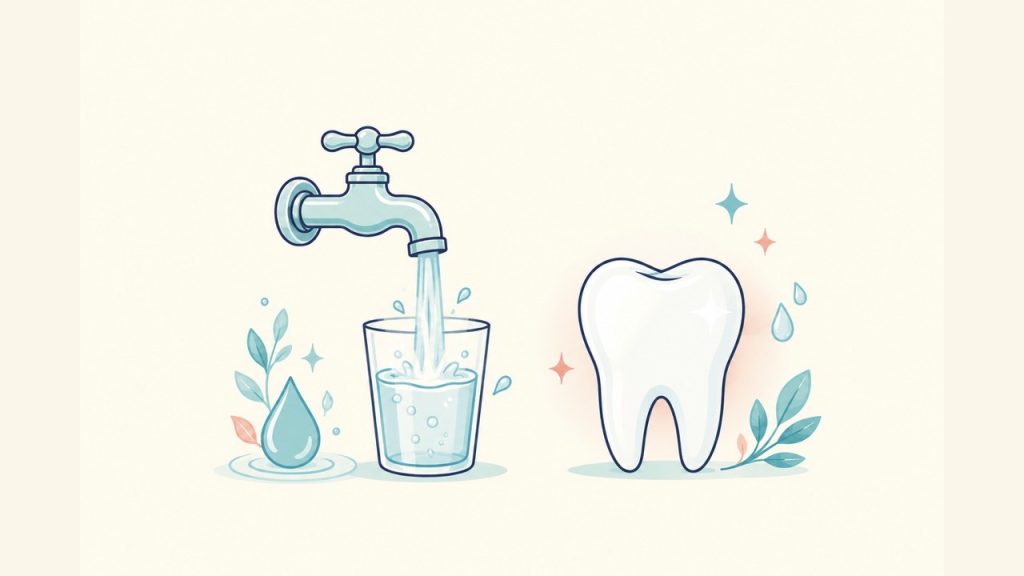 水道の蛇口からコップに注がれる水と、輝く健康な歯のイラスト。水道水と歯の健康の関係を表す