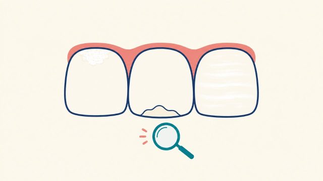 3本の前歯にそれぞれ異なるタイプの白い斑点（歯ぐき際のチョーク状、境界のはっきりしたクリーム色、全体に広がる薄い縞）が現れている様子を、虫めがねとともに描いたフラットなイラスト