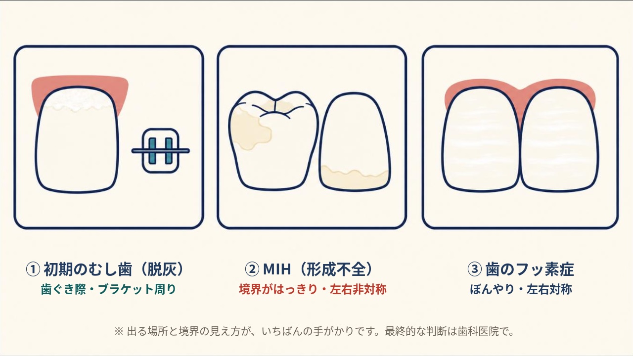 初期のむし歯は歯ぐき際やブラケット周り、MIHは境界がはっきりして左右非対称、フッ素症はぼんやりして左右対称、という3タイプの白い斑点の見分け方を並べた図解