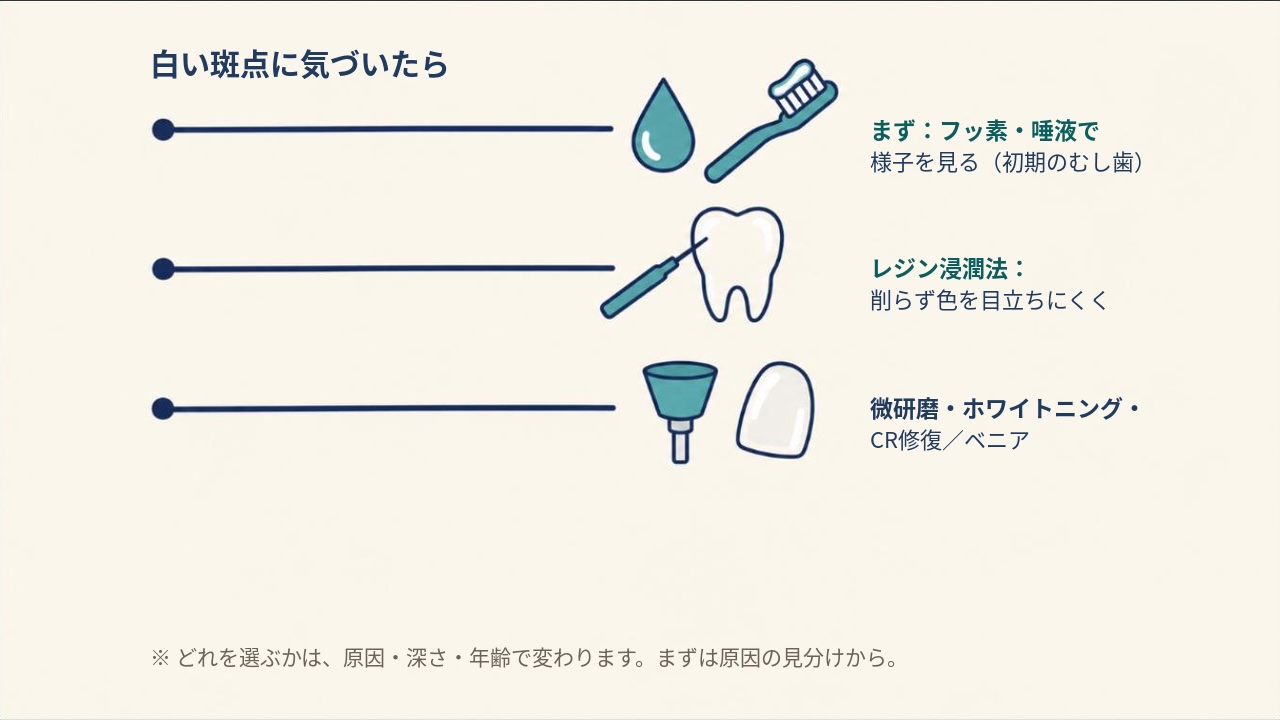 白い斑点に気づいたあとの選択肢を、フッ素での経過観察・レジン浸潤法・微研磨やCR修復の3つのレーンに分けて示した図解