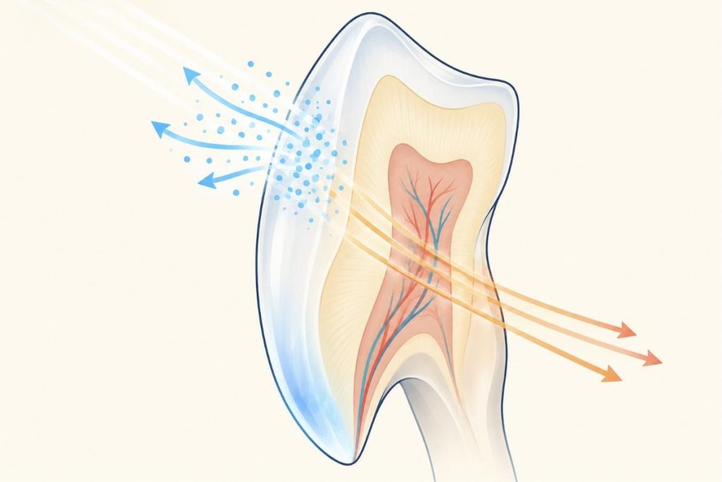 歯が青っぽい原因 エナメル質のオパール効果で青い光が散乱して返るしくみの図