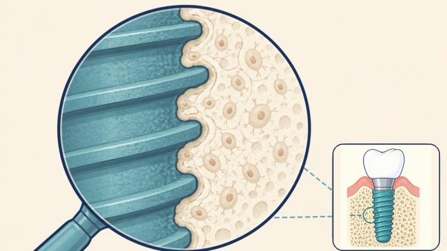 オッセオインテグレーションの拡大図：チタンインプラント表面に骨の細胞が直接結合している様子