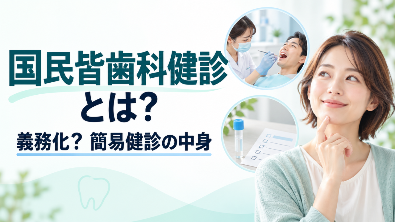 国民皆歯科健診とは？ 歯科医院での健診と、唾液検査・質問票を用いる簡易健診のイメージ
