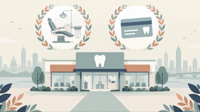 米国の歯科医院を描いたイラスト。手前に白い歯のサインを掲げた平屋のデンタルクリニック、上空に歯科用チェアと歯科保険カードを収めた2つの円形メダリオン、背景に淡いアメリカの街並み