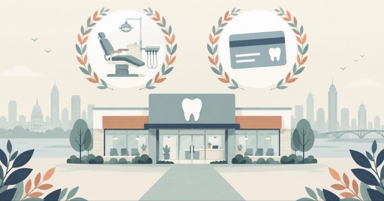米国の歯科医院を描いたイラスト。歯のサインを掲げたクリニックと、歯科用チェア・保険カードの円形メダリオン