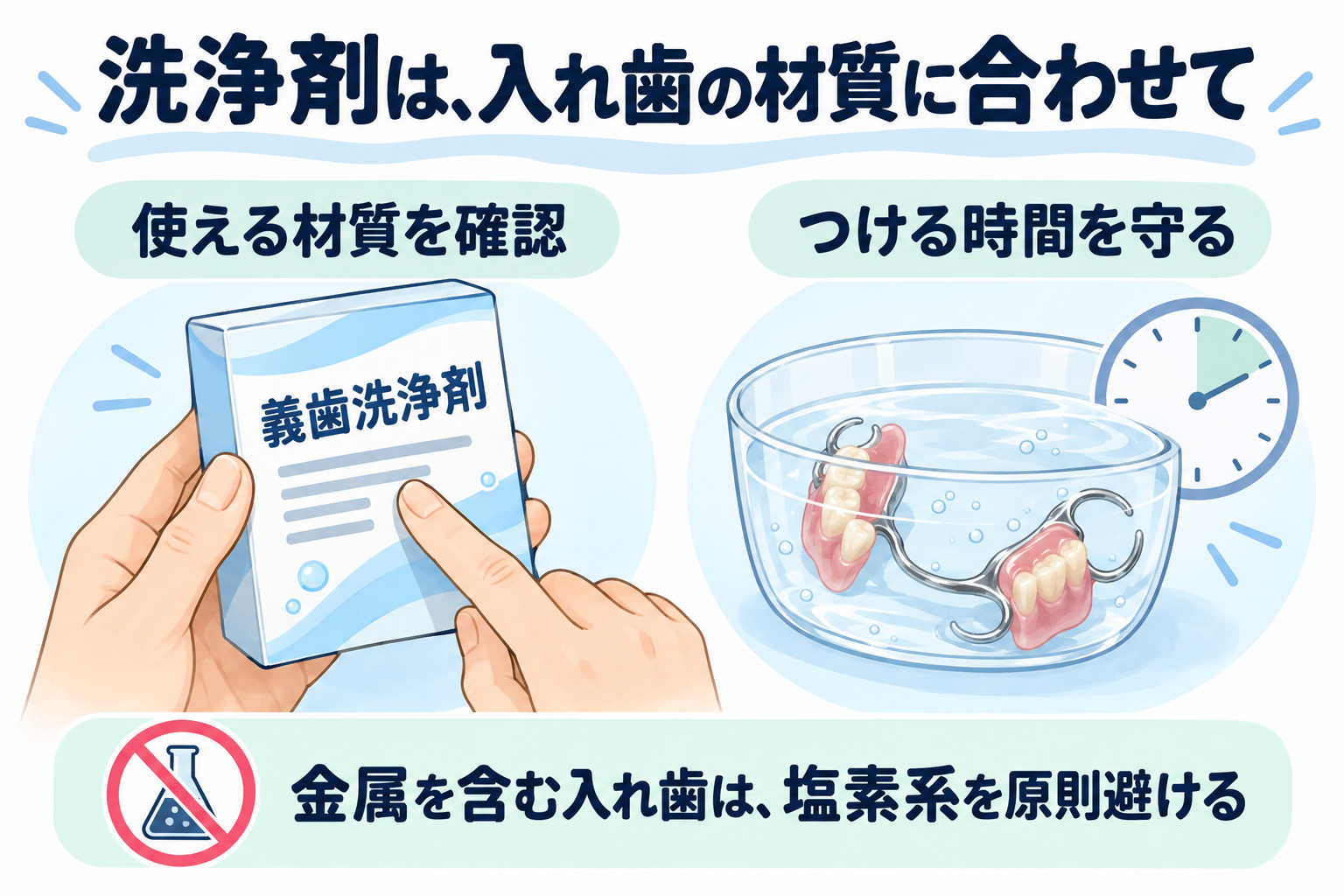 入れ歯洗浄剤の選び方。使用できる材質を確認し、浸ける時間を守る
