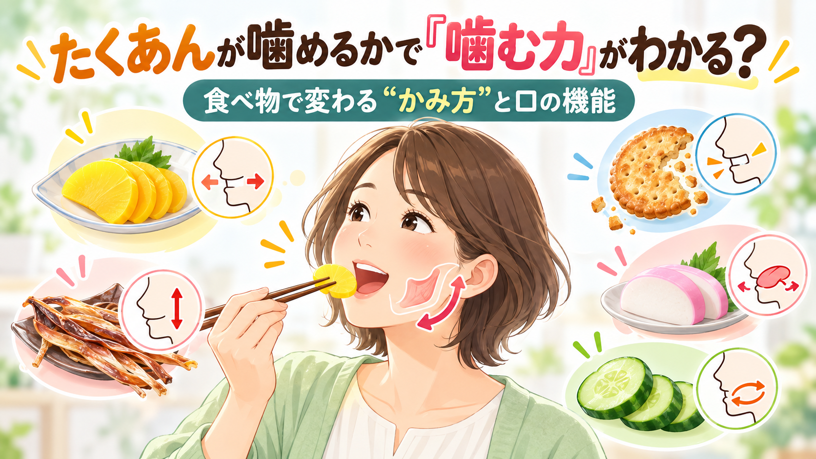 食べ物による噛み方の違いと噛む能力を考えるイラスト