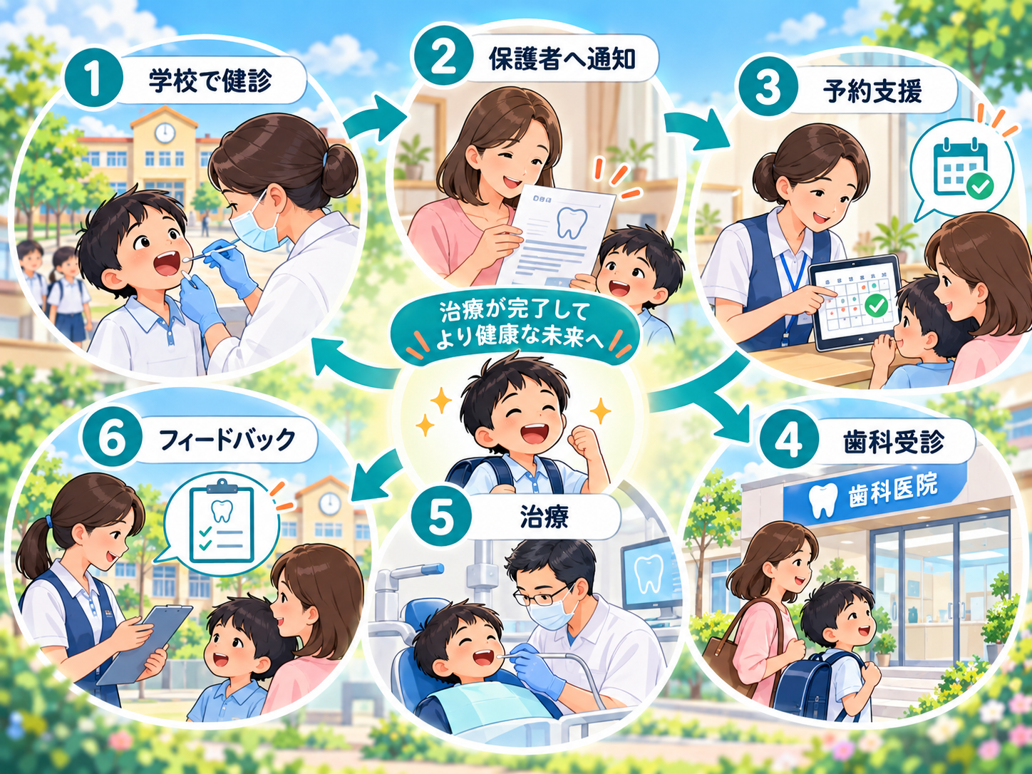 歯科健診後の受診率を高めるための通知、予約支援、歯科受診、治療、フィードバックの流れ