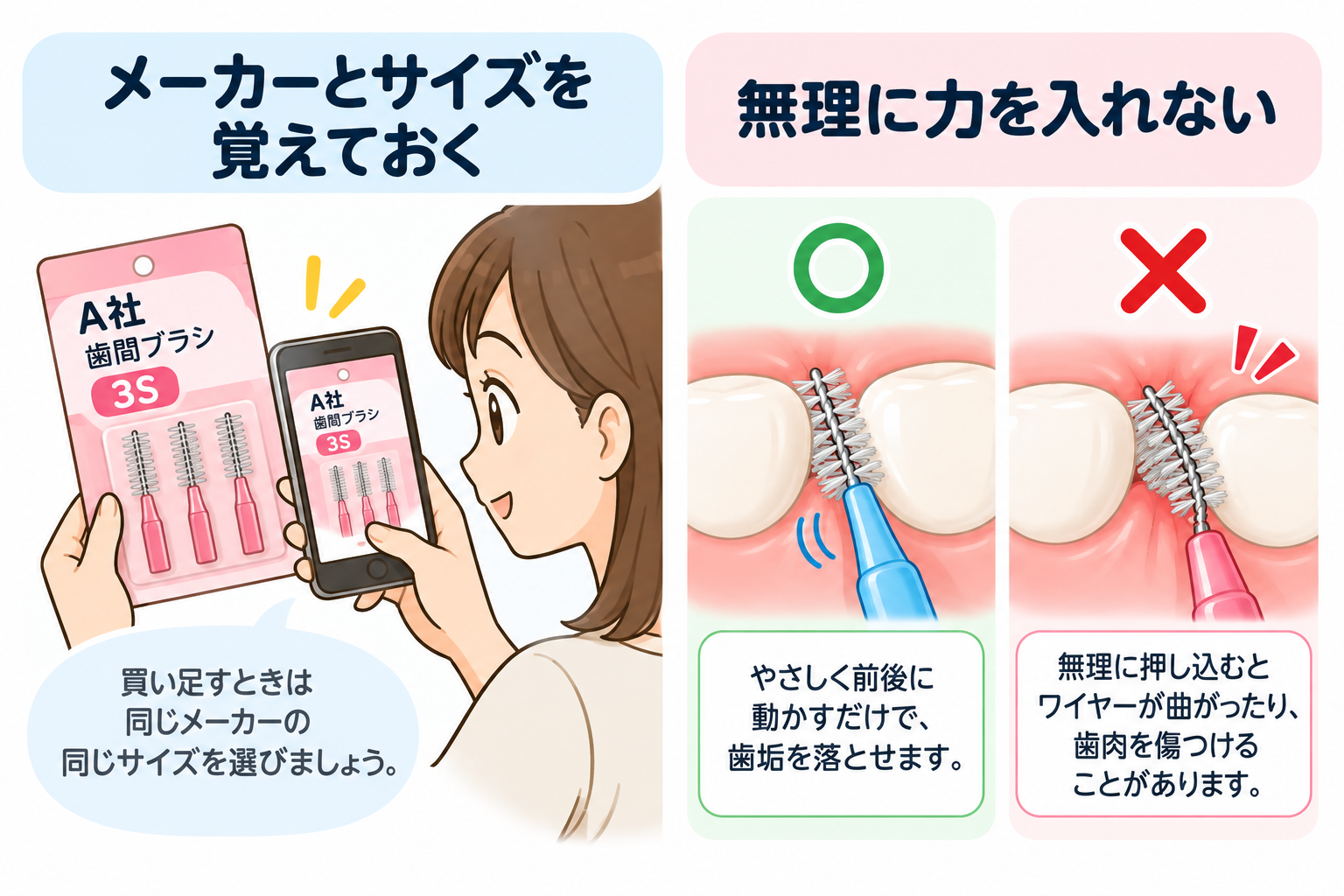 歯間ブラシのメーカーとサイズを記録し、無理に力を入れず使うためのポイント