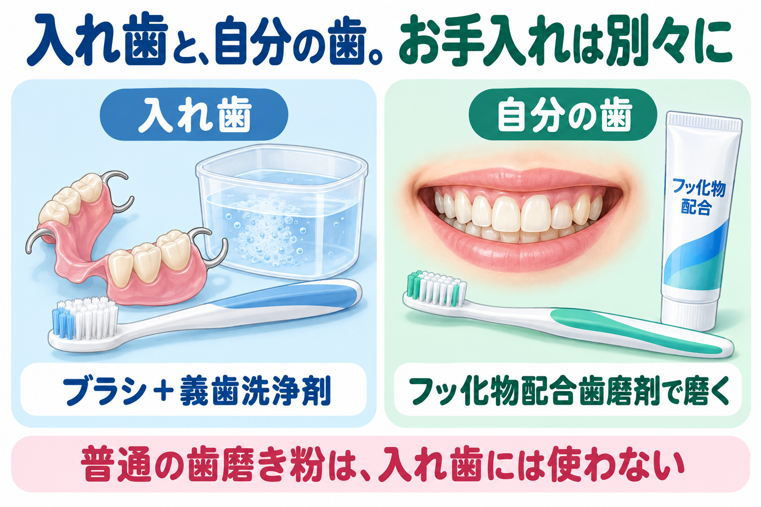 入れ歯のお手入れと天然歯の清掃の違い。入れ歯にはブラシと義歯洗浄剤、天然歯にはフッ化物配合歯磨剤を使う