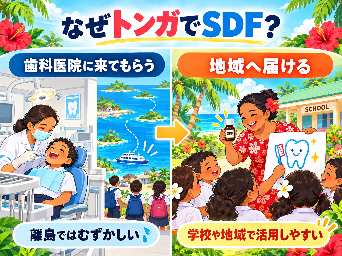 トンガのような島嶼国でSDFを学校や地域へ届ける歯科保健のイメージ